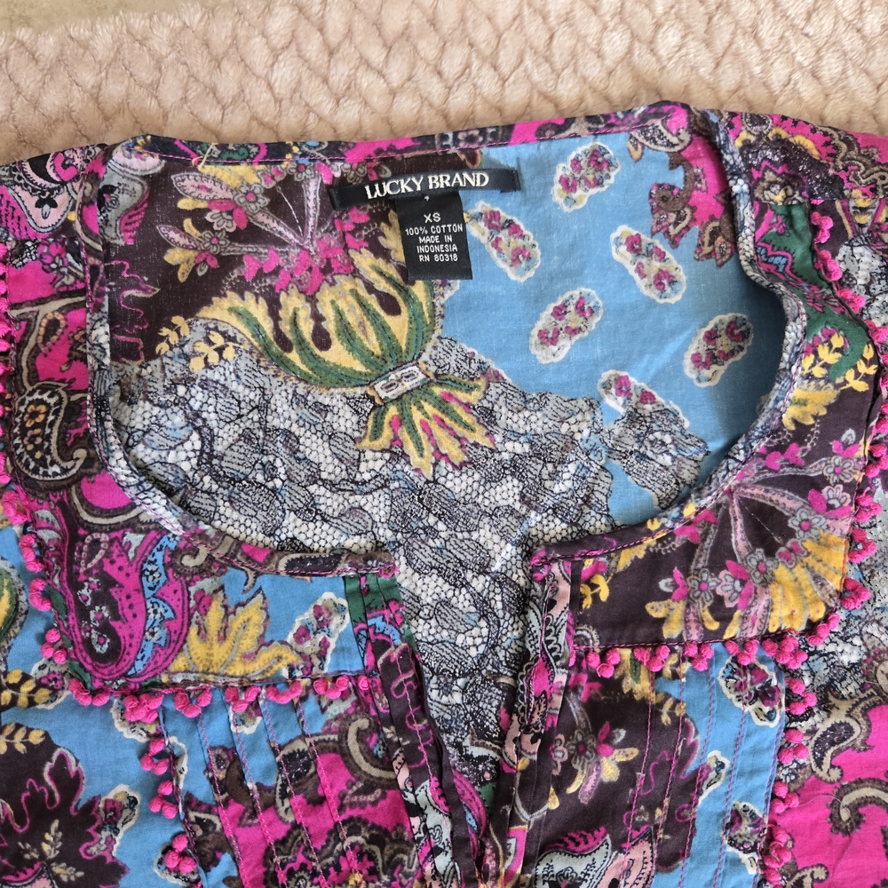 Lucky Brand XS Boho Paisley Floral Cotton Peasant Top Pink Blue - Picture 10 of 13